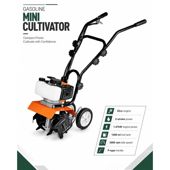 GT520 52CC Gas Powered Tiller Cultivator, 2 Stroke Heavy Duty Soil Cultivation Machine with 4 Adjustable Steel Front Tines, High Performance Rototiller for Lawn and Field Use