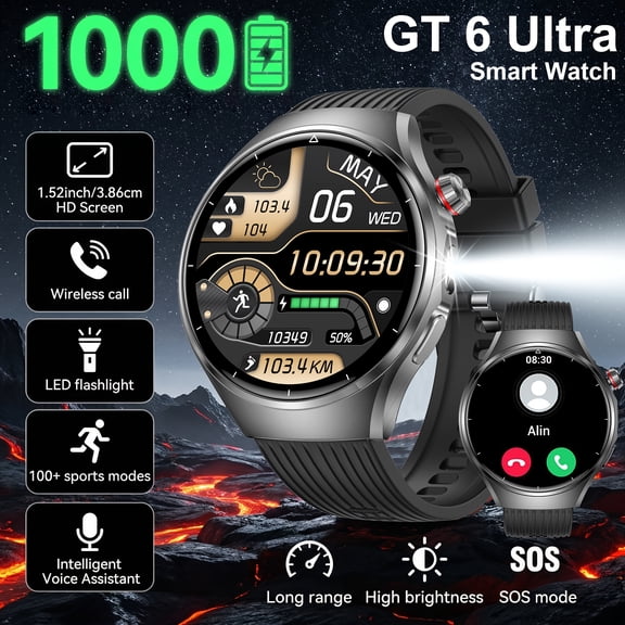GT6 Ultra Smart Watch, 1000mAh Battery, 1.52" HD Screen, Wireless Calling, LED Flashlight, 100+ Sports Modes, Voice Assistant, Alloy Case