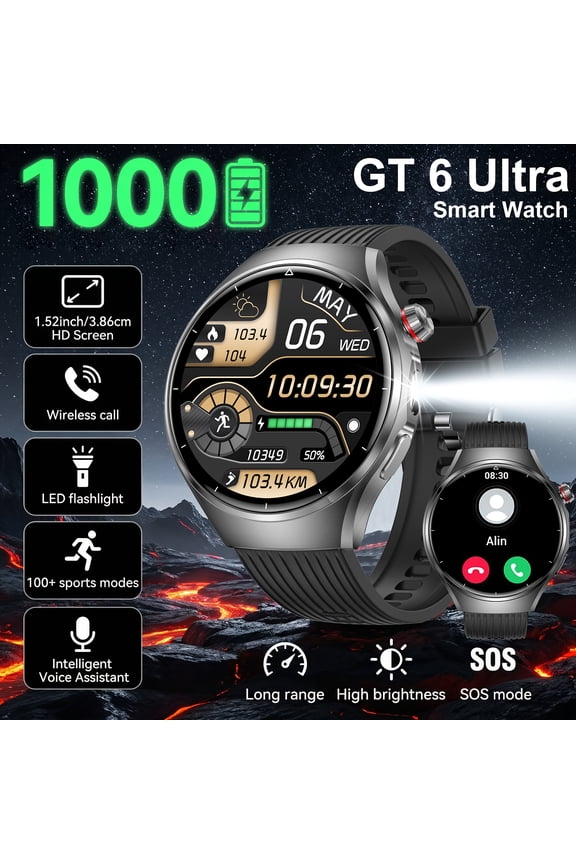 GT6 Ultra Smart Watch, 1000mAh Battery, 1.52" HD Screen, Wireless Calling, LED Flashlight, 100+ Sports Modes, Voice Assistant, Alloy Case