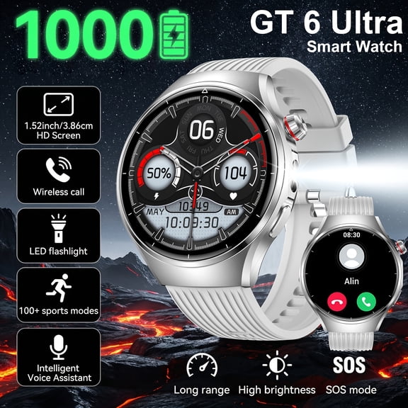 GT6 Ultra Smart Watch, 1000mAh Battery, 1.52" HD Screen, Wireless Calling, LED Flashlight, 100+ Sports Modes, Voice Assistant, Alloy Case