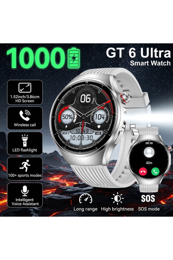 GT6 Ultra Smart Watch, 1000mAh Battery, 1.52" HD Screen, Wireless Calling, LED Flashlight, 100+ Sports Modes, Voice Assistant, Alloy Case