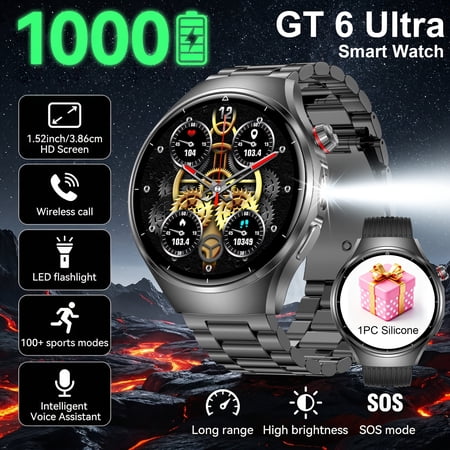 GT6 Ultra Smart Watch, 1000mAh Battery, 1.52" HD Screen, Wireless Calling, LED Flashlight, 100+ Sports Modes, Voice Assistant, Alloy Case