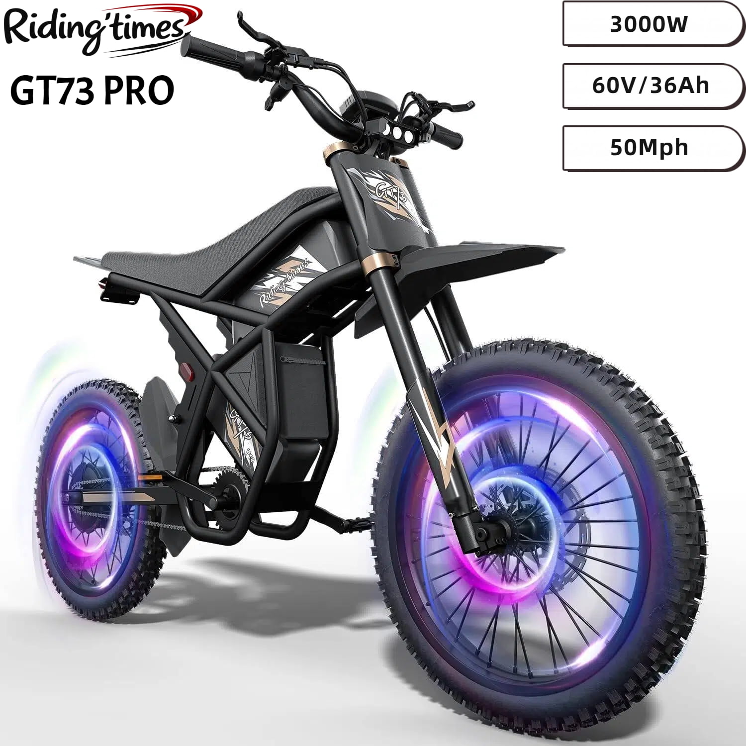 GT73Pro Electric Dirt Bike for Adults,3000W(Peak) Electric Bike with 60V 36AH Removable Battery ,50MPH Speed 85+Mile Range UL2849