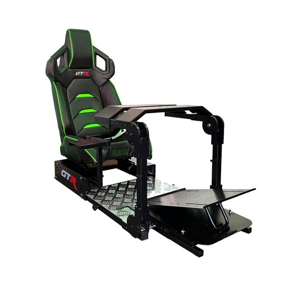 GTA Pro Model Racing Simulator Cockpit Black Frame with Black/Green Pista Adjustable Leatherette Racing Seat & Single/Triple Standard Monitor Stand