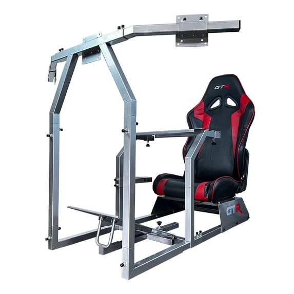 GTR Racing Simulator GTAF-S-S105LBLKRD - GTA-F Model (Silver) Triple or Single Monitor Stand with Black/Red Adjustable Leatherette Seat, Racing Simulator Cockpit gaming chair Single Monitor Stand