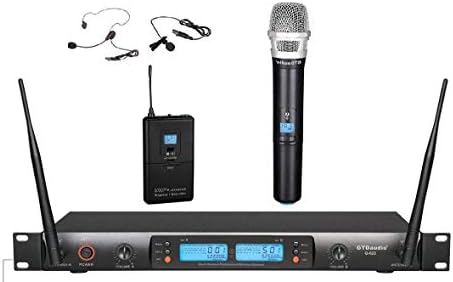 GTD Audio 2x100 Selectable Channel UHF Wireless Microphone Karaoke Mic System (with Handheld, lavvelier Headset mics) 622HL
