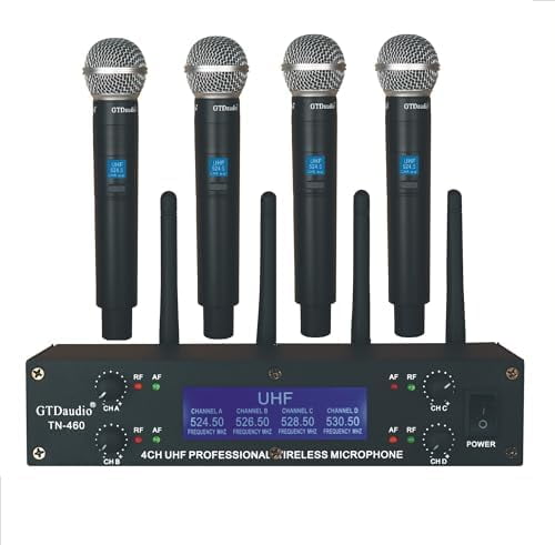 GTD Audio UHF Wireless Microphone System, Pro 4-Channel Cordless Mic Set with Four Handheld Mics, Range 300ft, Ideal for Church,Karaoke, Events