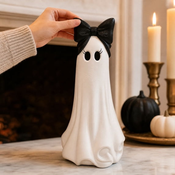 GTEUKTG Decoration, Cute Ghost Figurine, Halloween Tabletop Decor, Black Bow, Multicolor, 10 Inch, 1 Count