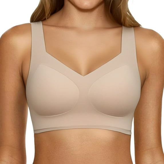 WCJM Beige High Waist Bra and Panty Set Yoga Bras for Women No Padding with Adjustable Back Hooks V-Neck Basic Wireless Racerback Bra Low Support Workout Sports Bra
