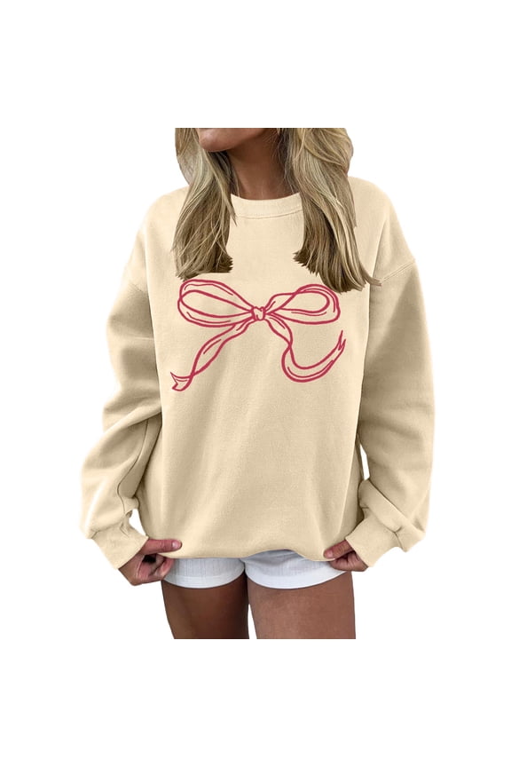 Cozy Fall Sweaters Women Bow Graphic Sweatshirts Oversized Pullover Sweatshirts Crewneck Pullover Tops 2026 Fall Fashion Clothes
