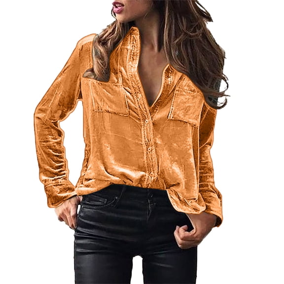 GTEYOIJN Gold Womens Velvet Top Women's Dressy Business Casual Silk Blouses Long Sleeve Button Down Satin Work Office Shirts Tops 2026