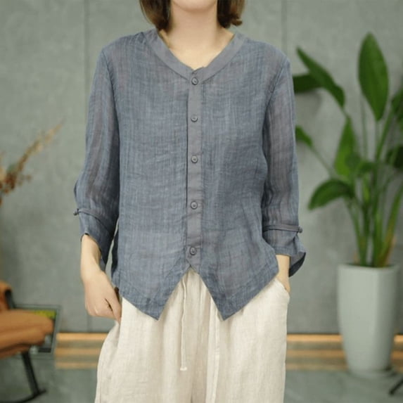 GTEYOIJN Grey Cotton Linen Shirt Women's Cotton Linen Shirt Loose Slimming Top Elegant Linen Shirt Women's Long sleeve T-shirt