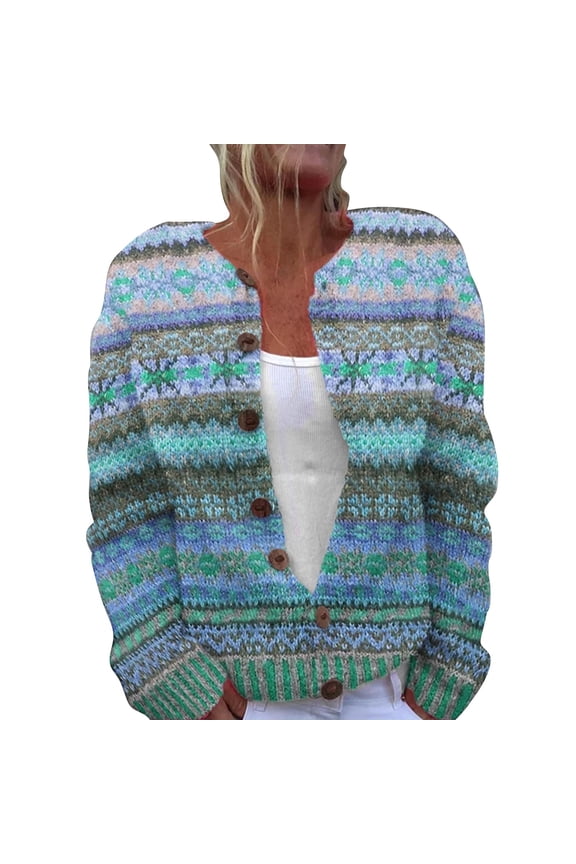 Icelandic Series Women's Knitted Striped Printed Cardigan Blue Cardigan for Women Women's Single Plush Art Floral Print Comfortable Knitted Cardigan