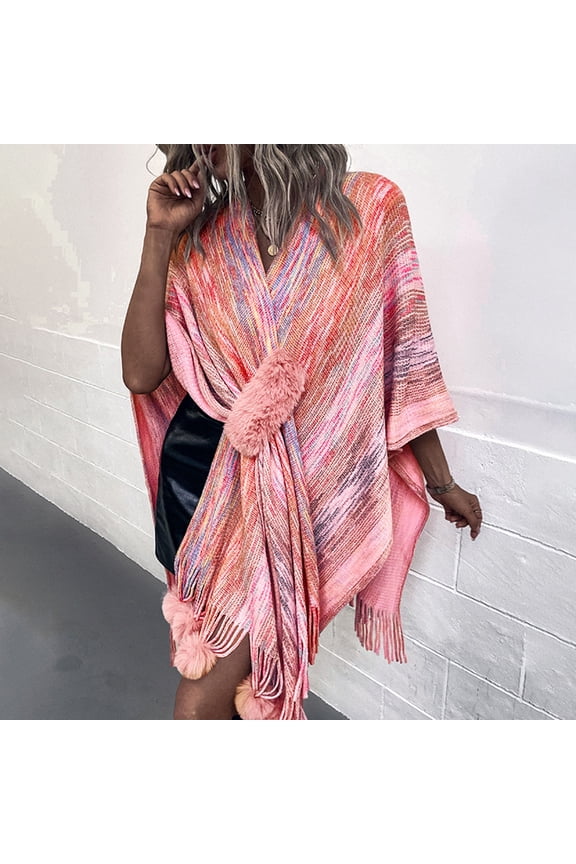 Ladies Contrast Color Ball Fringe Knit Shawl Jacket Womencardigan Pink Shawl Wraps for Women