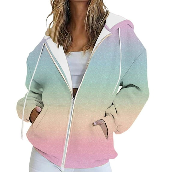 GTEYOIJN Ladies' Fashionable Casual Gradient Color Hooded Sweatshirt with Drawstring Zipper Long-Sleeved Hooded Sweatshirt Zip Up Hoodie Women Oversized