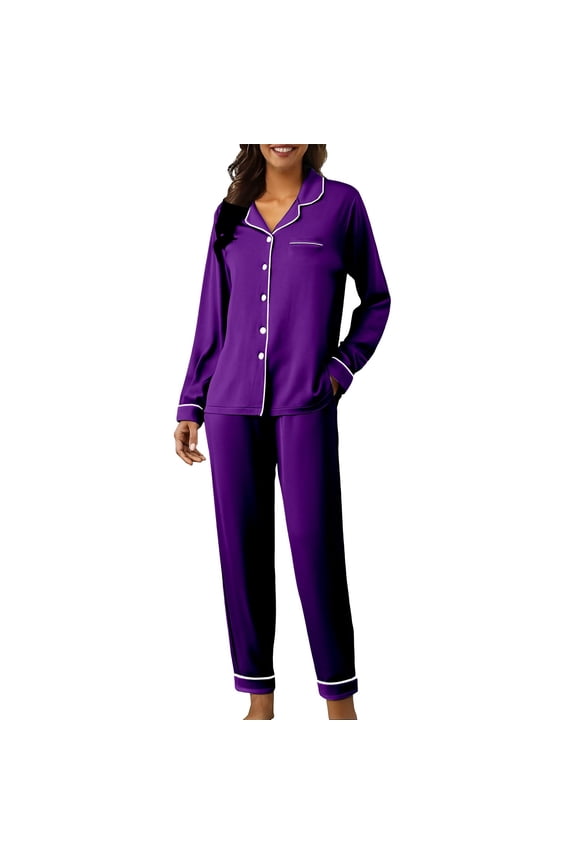 Ladies' Pajama Set Pijamas for Women Set Cute Pajama Sets for Women Long Sleeve Sleepwear Button Loungewear Soft 2 Piece Set with Pockets Long Pants