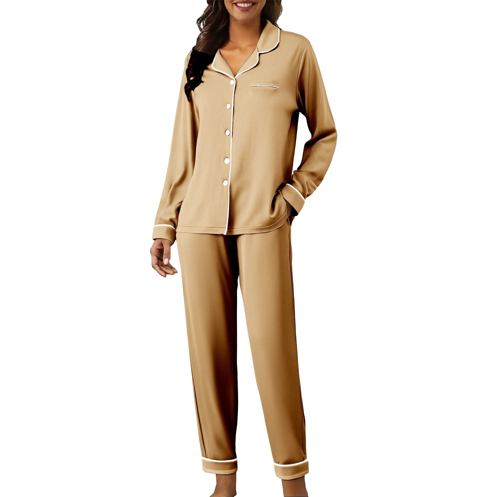 OCCIENTEC Pyjama Set voor Vrouwen Super Zachte Lange Mouw Nachtkleding Dames Button Down Nachtkleding Loungewear PJ Set, Kaki, L OCCIENTEC Pyjama Set voor Vrouwen Super Zachte Lange Mouw Nachtkleding Dames Button Down Nachtkleding Loungewear PJ Set, Kaki, L