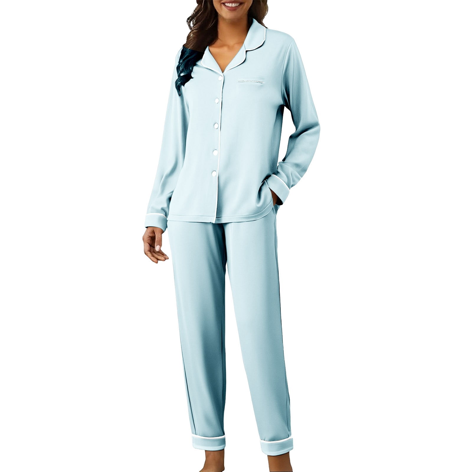 Pyjama Femme Coton 2 Pièces Manches Longues – Ensemble Boutonné Débardeur + Pantalon Bleu Doux