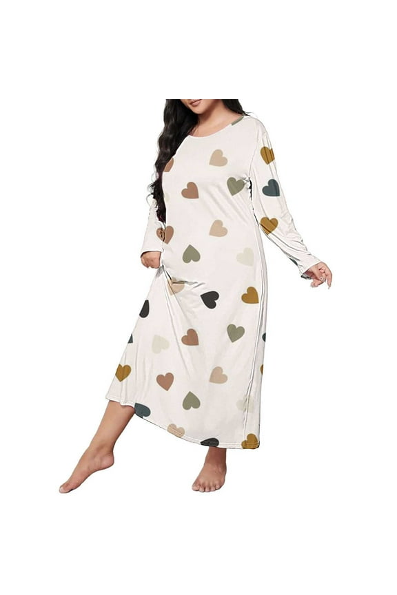 Pajama Pants Women Soft Plus Size Casual Sleep Dress Women's Plus Heart Print Long Sleeve Round Neck Medium Stretch Loose Nightdress