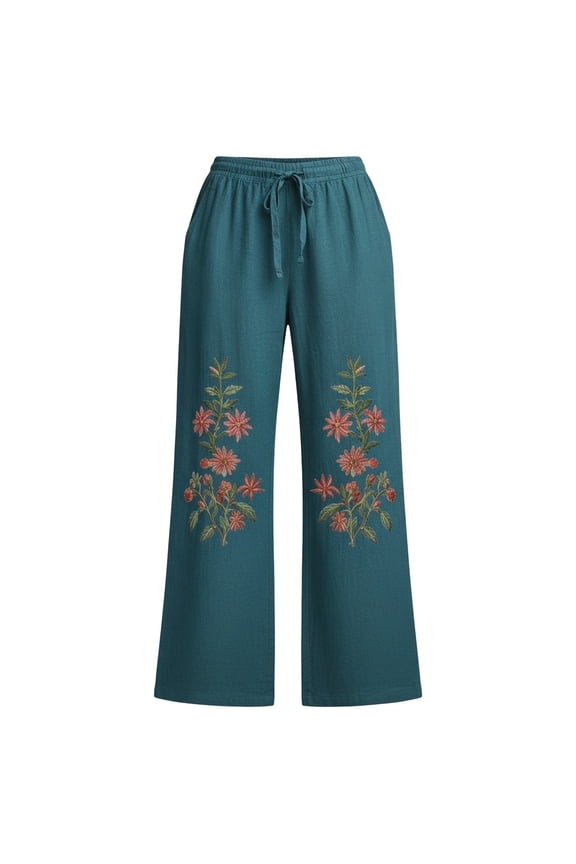 Plus Size Pants Navy Boho Spring Trousers for Women Floral Embroidered Linen Pants, High-Waist Flowy Palazzo Wide-Leg Vacation Style 2026