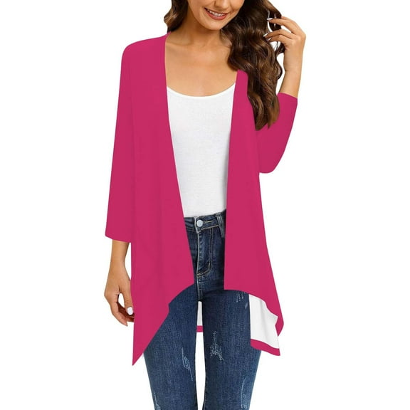 GTEYOIJN a Solid Color Fashionable and Casual Three-Quarter Sleeve Cardigan for Ladies Navy Cardigan Women Women's Solid Color Fashion Casual 3/4 Sleeves Cardigans for Women Sleeve Cardigan