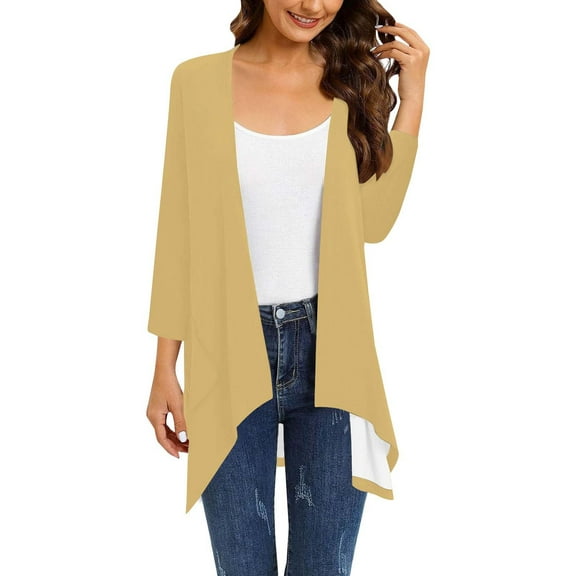 GTEYOIJN a Solid Color Fashionable and Casual Three-Quarter Sleeve Cardigan for Ladies Yellow Cardigan for Women Women's Solid Color Fashion Casual 3/4 Sleeves Cardigans for Women Sleeve Cardigan