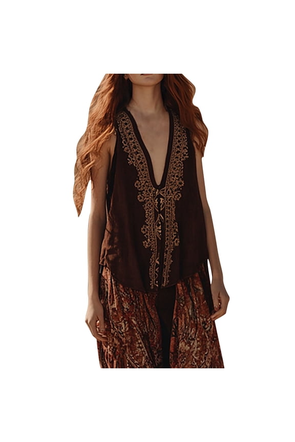 V Neckline Tank Top Women's Floral Tribal Print Sleeveless Boho Blouse Women's Racerback Sleeveless Tank Tops Summer Loose Fit Neck Shirts Boho Vest Top