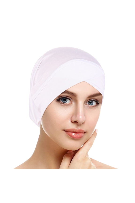 White Hairband Organizer Womens Casual Solid Head Hat Cap Hair Cover Wrap Headwear Muslim Turban Cap