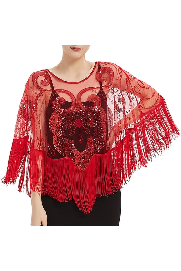 Women Fashionable Mesh Sequined Tassel Gown Shawl Elegant Beaded Smock Cape Red Womens Wraps and Shawls