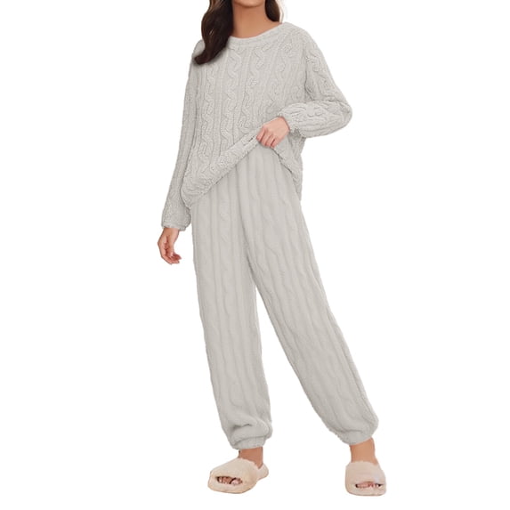 WCJM Women Fleece Pajama Set Knit Oversized Sweater Sleepwear 2026 Fall Winter Loungewear 2 Piece Womens Pajama Sets Fleece Pajamas Comfortable Tops Sleep Pants Lounging Warm Sleepwearï¼Xxxxxl)
