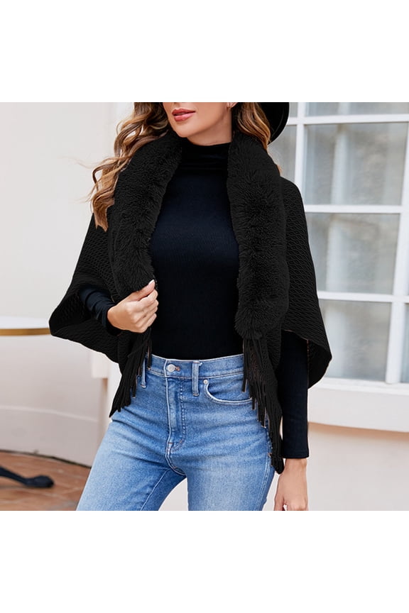 Women's Autumn and Winter Style Outerwear with Fashionable Solid Color Knitted Tasselshawl Black Hair Wraps for Women