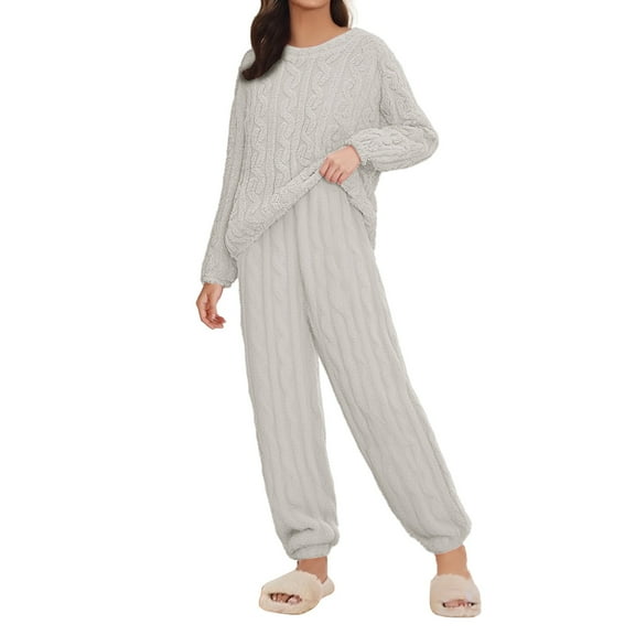 GTEYOIJN Women's Fleece Pajama Set 2 Piece Outfits Lounge Knit Oversized Sweater Pj Sets 2025 Fall Winter Loungewear Womens Pajama Sets Comfortable Tops Sleep Pants Lounging Warm Sleepwear（L)