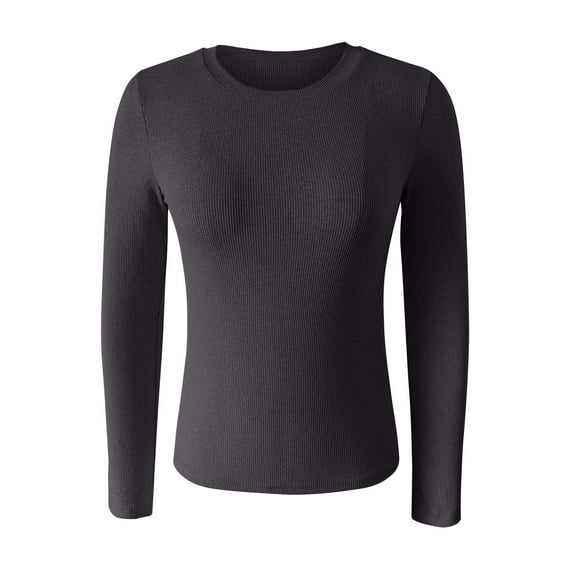 GTEYOIJN Women's Long Sleeve T-Shirt Round Neck Blouse Women's Spring and Summer Color Stripes High Elastic Long Sleeved Undershirt Top Solid Color Long Sleeve(Dark Gray,S)