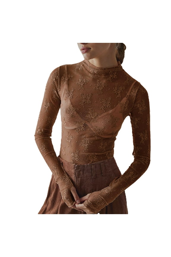 Women's Long Sleeve T-Shirt V-Neck Top Perspective Lace Long Sleeve Lace Undershirt Lace Long Sleeve Tops for Women Womens Mesh Top Thumb Hole See Through Pullover Blouses(Brown,Xl)
