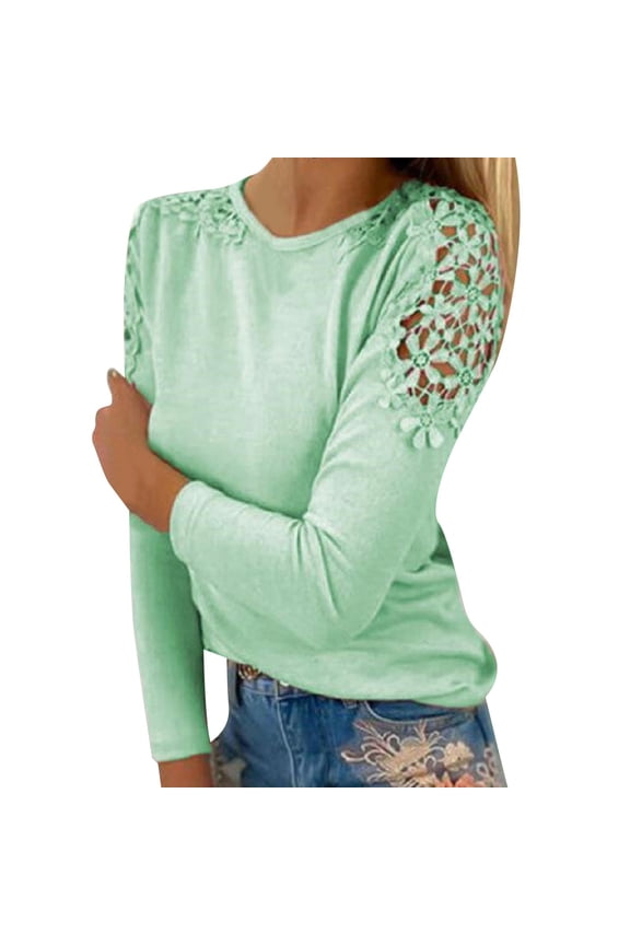 Women's Round Neck Solid Color Hollow Stitching Long Sleeved T Shirt Long Sleeve Round Neck Solid Color T Shirts Women's Long Sleeve T-Shirt(Green,M)