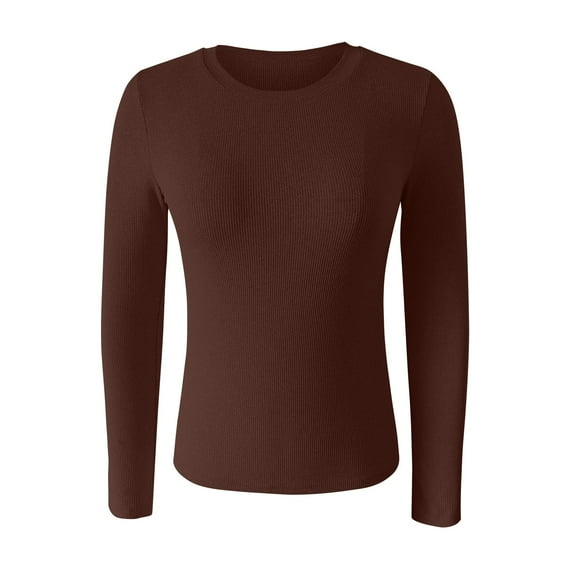 GTEYOIJN Women's Spring and Summer Color Stripes High Elastic Long Sleeved Undershirt Top Long Sleeve Solid Color Round Neck Blouses Women's Long Sleeve T-Shirt(Brown,Xxl)