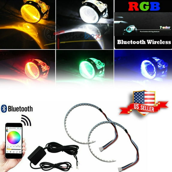 GTINTHEBOX APP Wireless Remote Control RGB LED Demon Eye Halo Ring Headlight Projector Lens