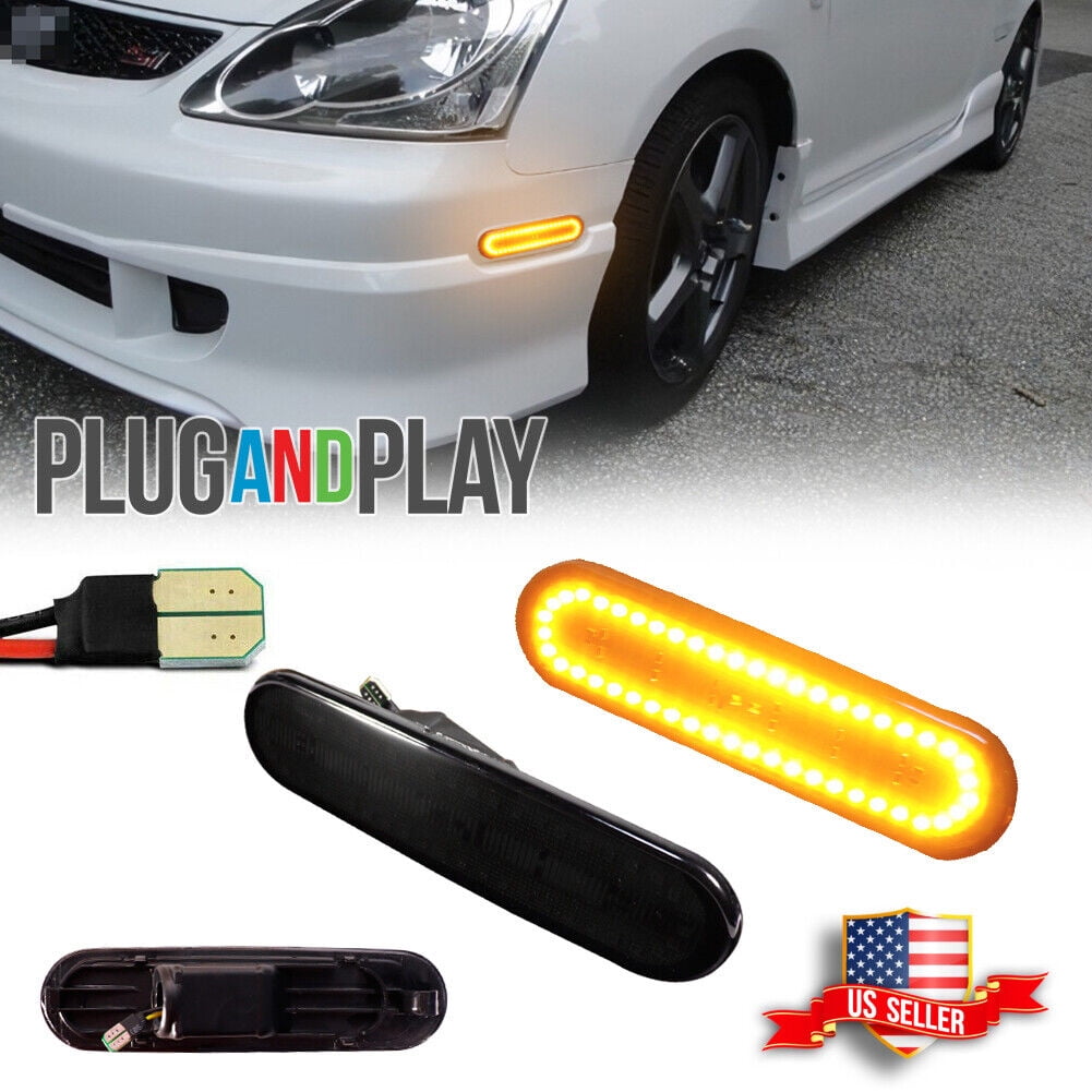GTINTHEBOX Smoke Amber LED Front Bumper Side Marker Lights For 2002-2005 Honda Civic Si EP3 3DR