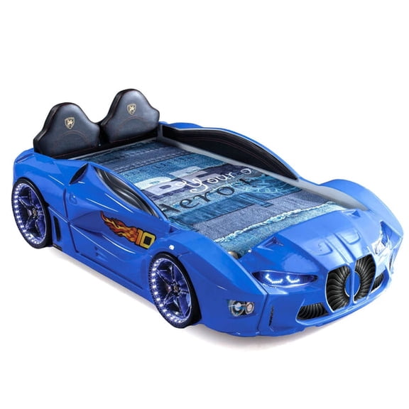 GTM Twin Race Car Bed for Kids with LED Headlights, Sound FX, Remote Control and Realistic Design, Sturdy and Fun Sleep Solution