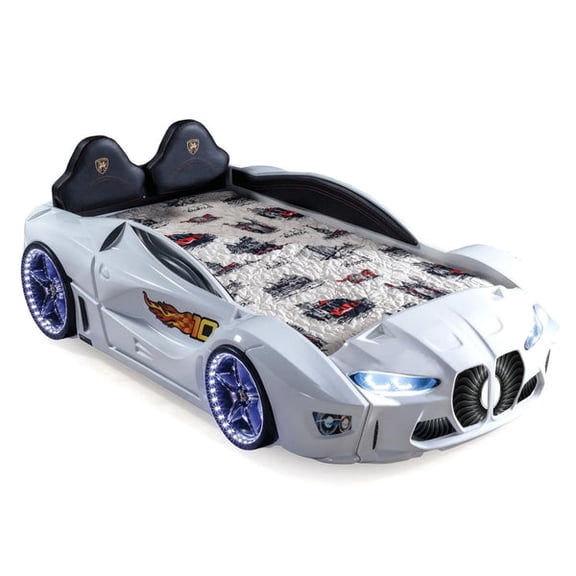 GTM Twin Race Car Bed for Kids with LED Headlights, Sound FX, Remote Control and Realistic Design, Sturdy and Fun Sleep Solution