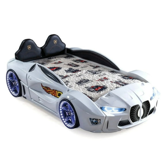 GTM Twin Race Car Bed for Kids with LED Headlights, Sound FX, Remote Control and Realistic Design, Sturdy and Fun Sleep Solution