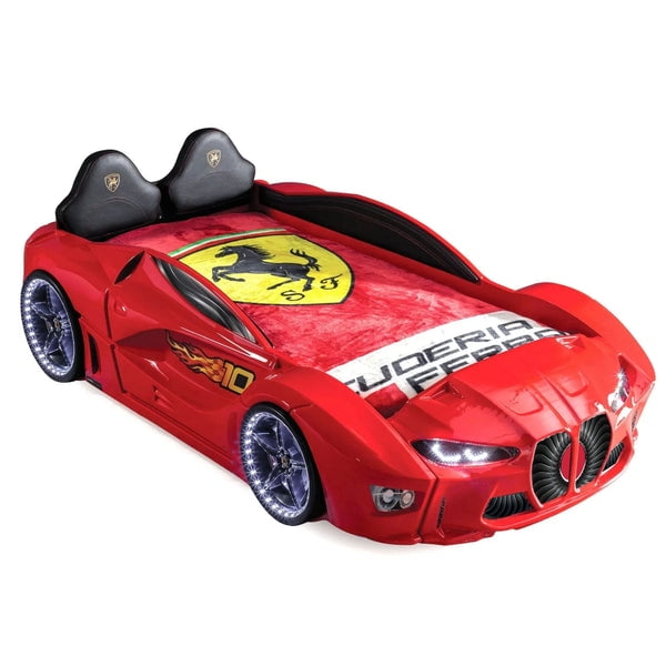 GTM Twin Race Car Bed for Kids with LED Headlights, Sound FX, Remote Control and Realistic Design, Sturdy and Fun Sleep Solution