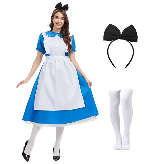 GTMEDT Adult Classic Fairytale Blue White Princess Dress Women Princess Fancy Pinafore Dress Costume，S