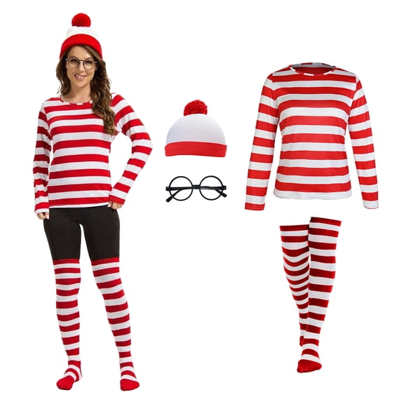 GTMEDT Adult Red and White Striped Shirt Costume Women Halloween Classic Movie Character Cosplay with Accessoires,S