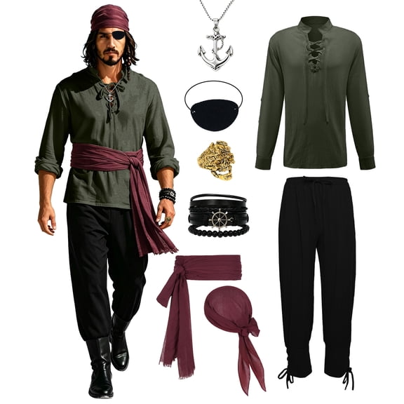 GTMEDT Mens Pirate Costume Adult Medieval Renaissance Viking Costume With Accessories,Green(S)