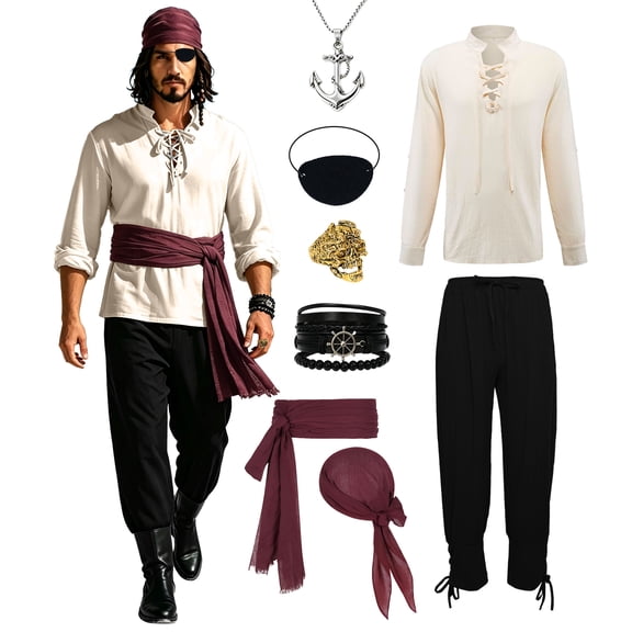 GTMEDT Mens Pirate Costume Adult Medieval Renaissance Viking Costume With Accessories,White(S)