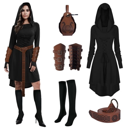 GTMEDT Women Medieval Retro Hooded Dress Renaissance Style Costume Gothic Hooded Robe with Waist Bag Belt Arm Guards and Knee High Socks(Black,S)