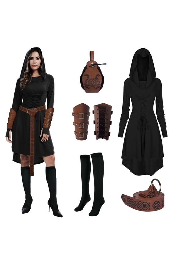 Women Medieval Retro Hooded Dress Renaissance Style Costume Gothic Hooded Robe with Waist Bag Belt Arm Guards and Knee High Socks（Black,S)