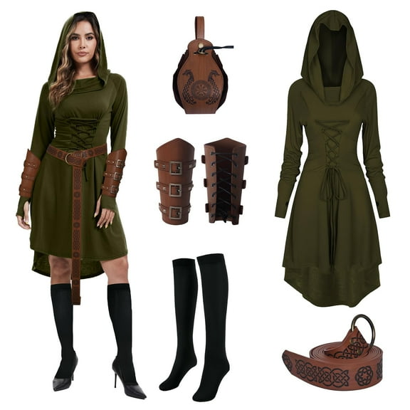 GTMEDT Women Medieval Retro Hooded Dress Renaissance Style Costume Gothic Hooded Robe with Waist Bag Belt Arm Guards and Knee High Socks(Green,S)