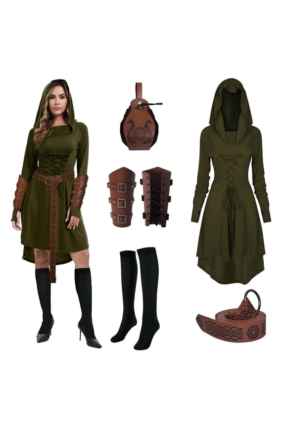 Women Medieval Retro Hooded Dress Renaissance Style Costume Gothic Hooded Robe with Waist Bag Belt Arm Guards and Knee High Socks(Green,XL)